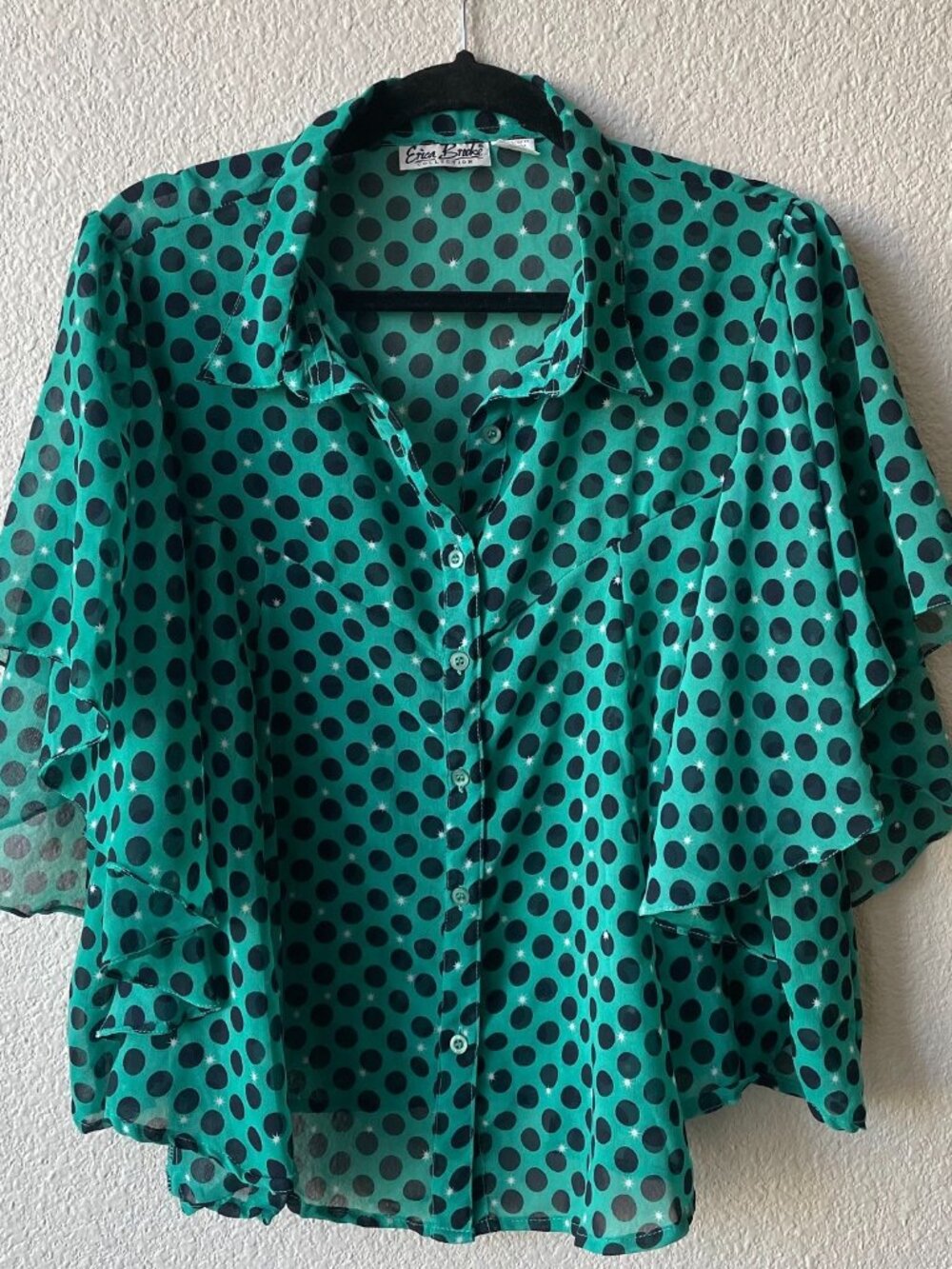 Erica Booke Collection Women's Ruffled Blouse Plus Size 18 Green Black Polka Dot